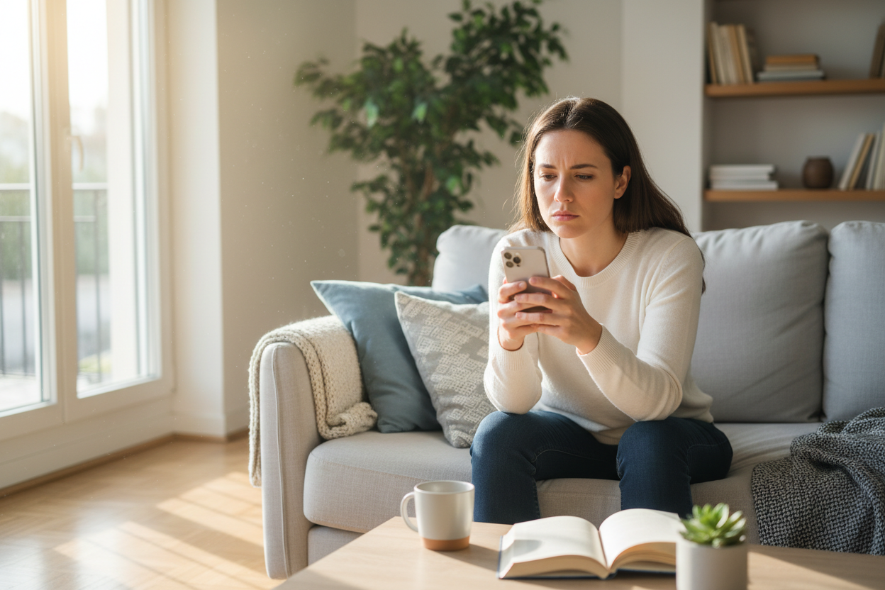 En kvinde der ser på sin telefon, siddende på en sofa, ser koncentreret ud